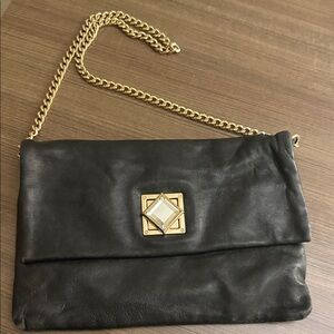 Michael Kors Black Leather Foldover Clutch with Gold Chain
